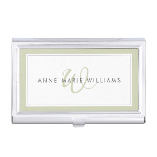 Minimalist Sage Green Script Two Border Monogram Business Card Case