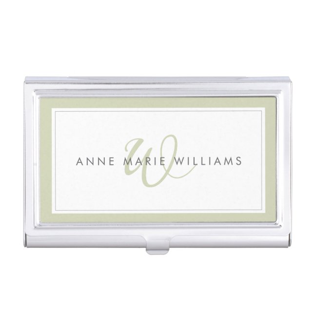 Minimalist Sage Green Script Two Border Monogram Business Card Case (Front)