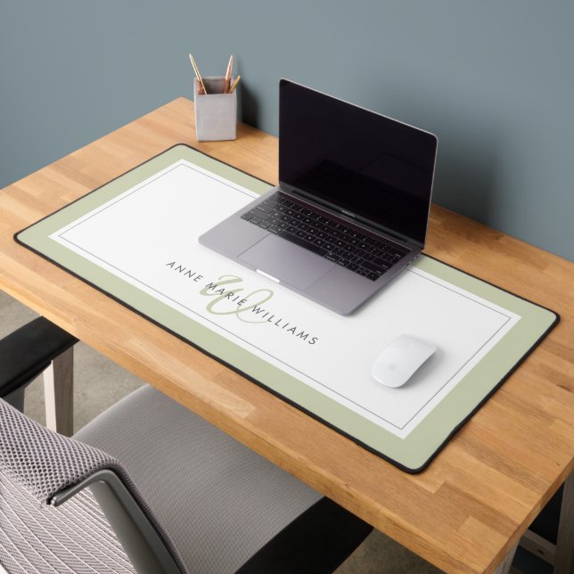 Minimalist Sage Green Script Two Border Monogram Desk Mat (Office 2)