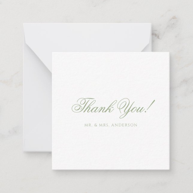 Minimalist Sage Green Script Wedding Thank You Note Card (Front)