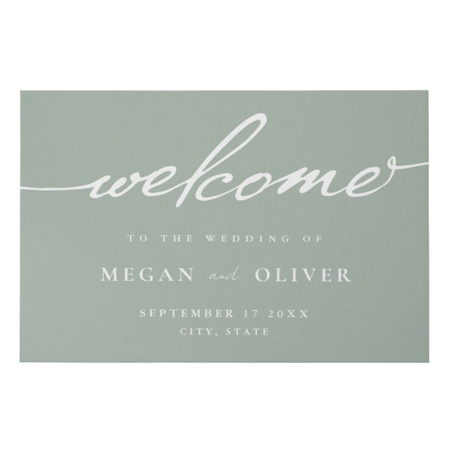 Minimalist Sage Green Script Wedding Welcome Faux Canvas Print (Front)