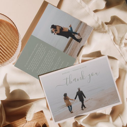 Minimalist Sage Green Script with 2 photo wedding Thank You Card