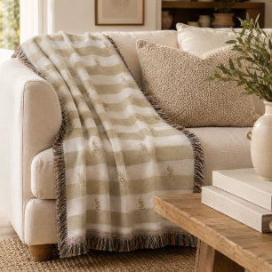 Minimalist Sage Green Striped Monogram Throw Blanket