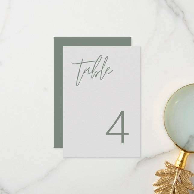 Minimalist Sage Green Table Number Card (Front/Back In Situ)