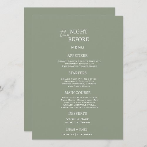 Minimalist Sage Green the Night Before Wedding  Menu