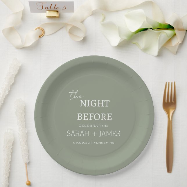 Minimalist Sage Green the Night Before Wedding  Paper Plates (Wedding)
