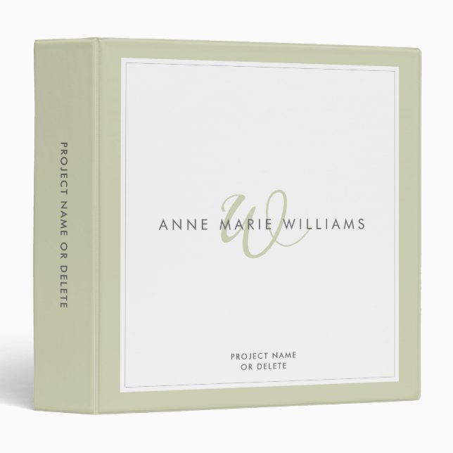 Minimalist Sage Green Two Border Monogram  3 Ring Binder (Front/Spine)