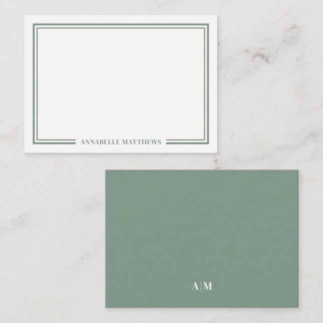 Minimalist Sage Green Two Border Monogram Note Card (Front/Back)