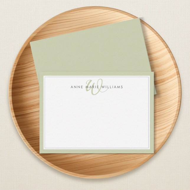 Minimalist Sage Green Two Border Monogram Note Card (Creator Uploaded)