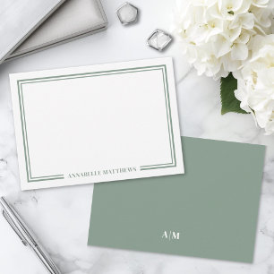 Minimalist Sage Green Two Border Monogram Note Card