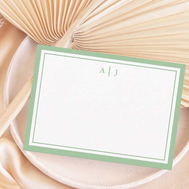 Minimalist Sage Green Two Border Monogram Note Card (Creator Uploaded)