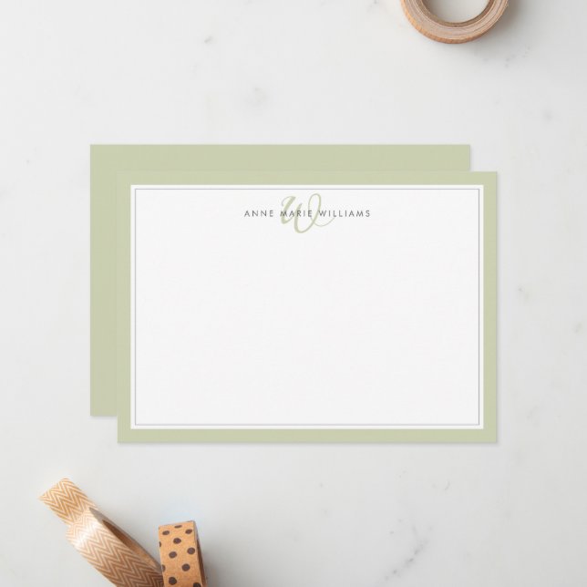 Minimalist Sage Green Two Border Monogram Note Card (Front/Back In Situ)