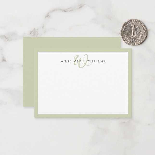 Minimalist Sage Green Two Border Monogram Note Card (Front/Back In Situ)