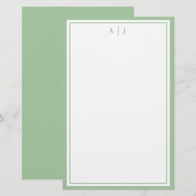 Minimalist Sage Green Two Border Monogram Stationery (Front/Back)