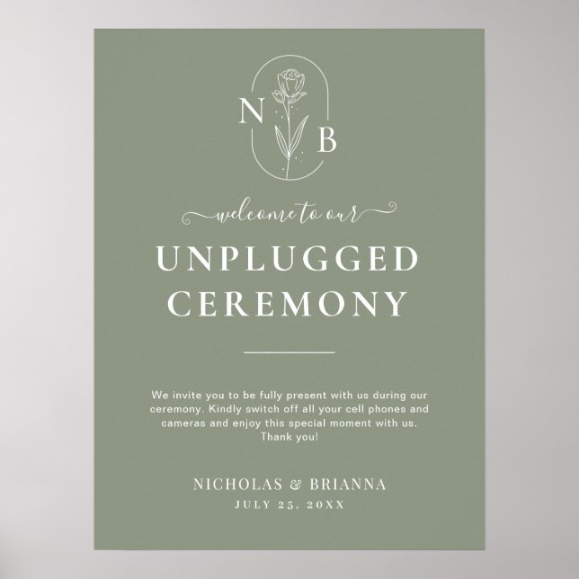 Minimalist Sage Green Unplugged Boho Wedding Poster (Front)