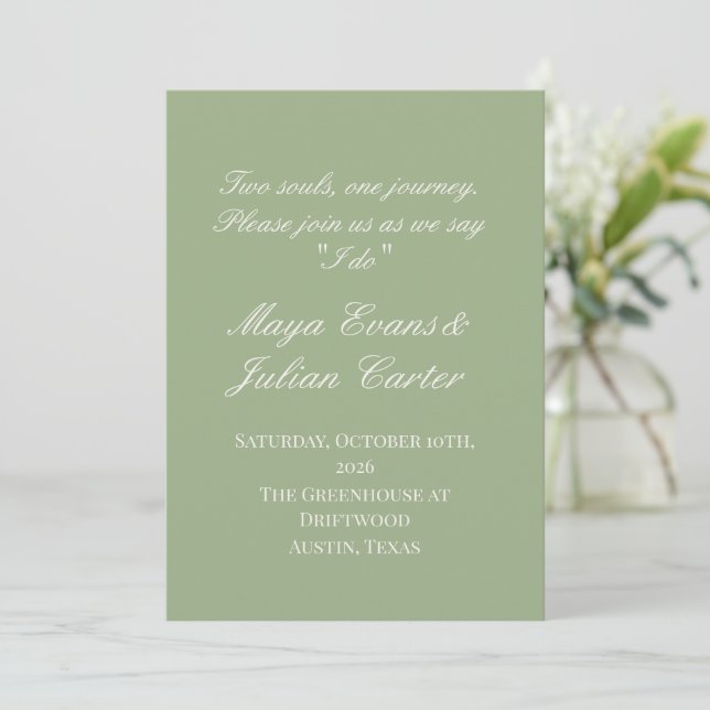  Minimalist Sage Green & Warm White Wedding  Invitation (Standing Front)