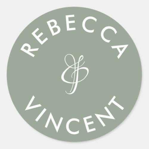 Minimalist Sage Green Wedding Personalized Names Classic Round Sticker