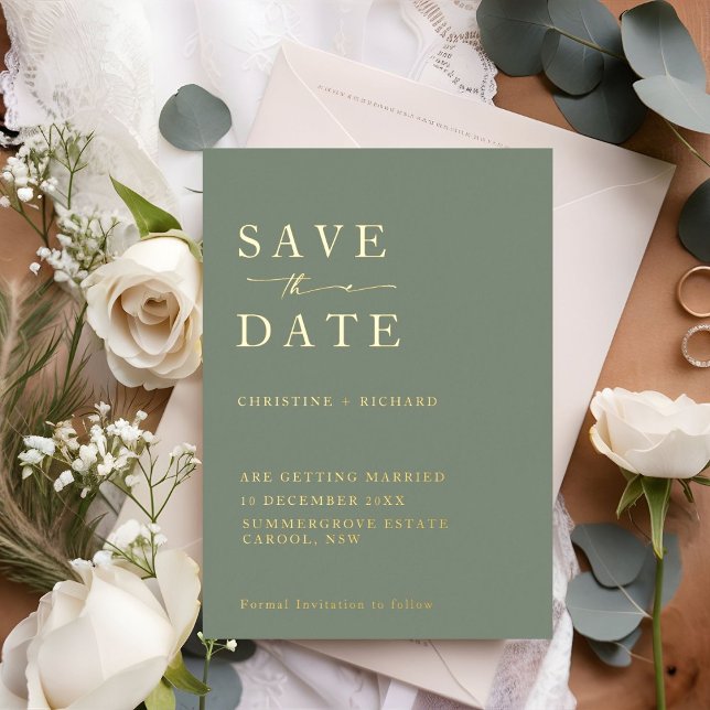 Minimalist Sage Green Wedding Save the Date Foil Invitation (Creator Uploaded)