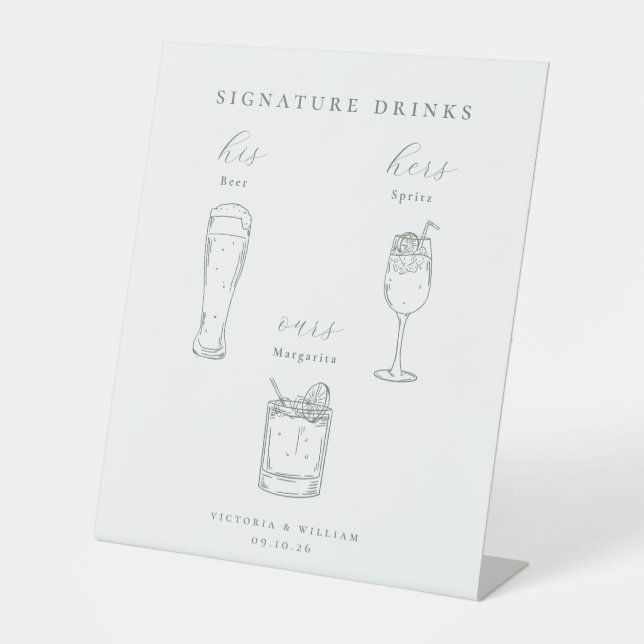 Minimalist Sage Green Wedding Signature Drinks Pedestal Sign (Front)
