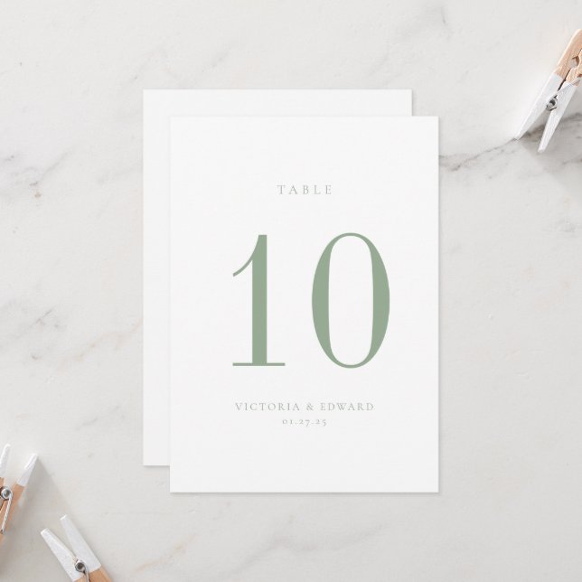 Minimalist Sage Green Wedding Table Number Card (Front/Back In Situ)