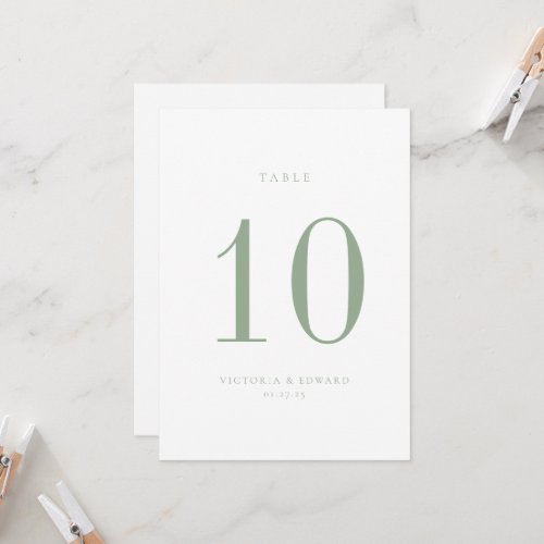 Minimalist Sage Green Wedding Table Number Card