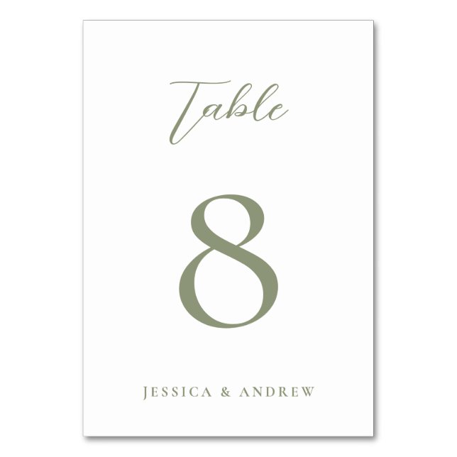 Minimalist Sage Green & White Simple Wedding Table Number (Front)