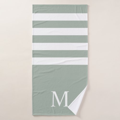 Minimalist Sage Green White Stripes Monogram Bath Towel Set