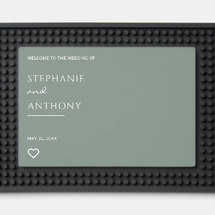 Minimalist Sage Green with Heart Modern Wedding Bar Mat