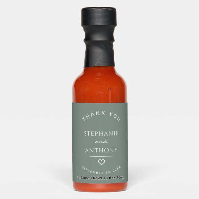 Minimalist Sage Green with Heart Modern Wedding  Hot Sauces (Front)