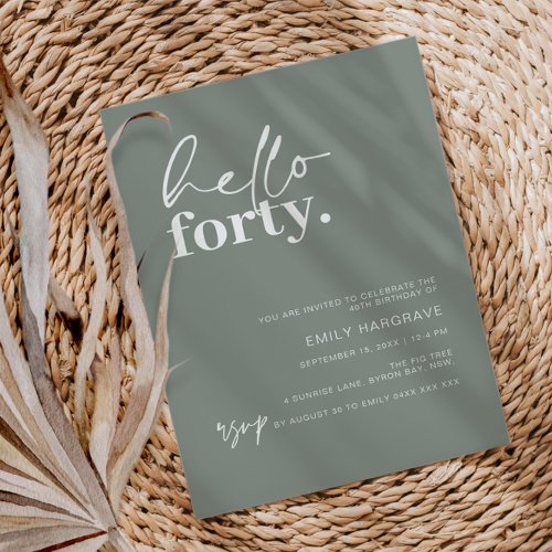 Minimalist Sage Hello Forty 40 Birthday Party Invitation