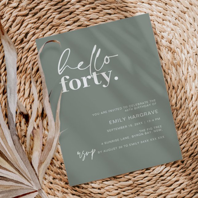 Minimalist Sage Hello Forty 40 Birthday Party Invitation (Creator Uploaded)