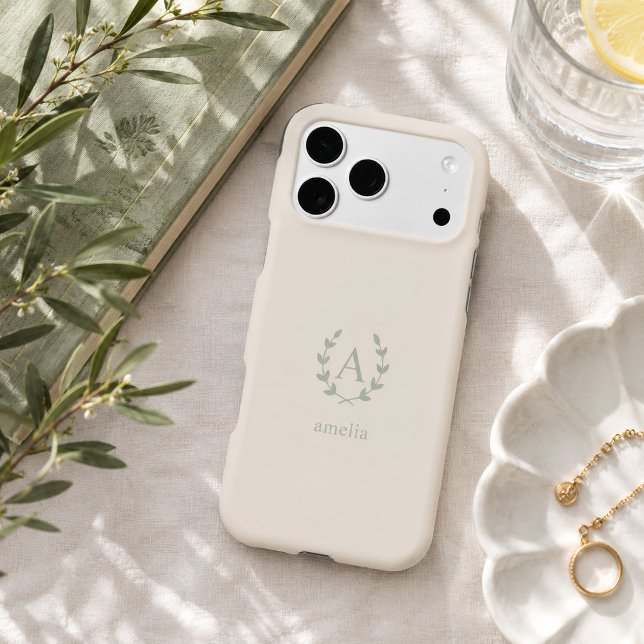 Minimalist Sage Initial Name Laurel Monogram Case-Mate iPhone Case (Elegant personalized ivory phone case with a minimalist sage laurel wreath monogram)