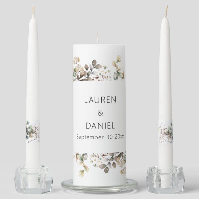 Minimalist Sage Leaves Names Wedding Candle (Front)