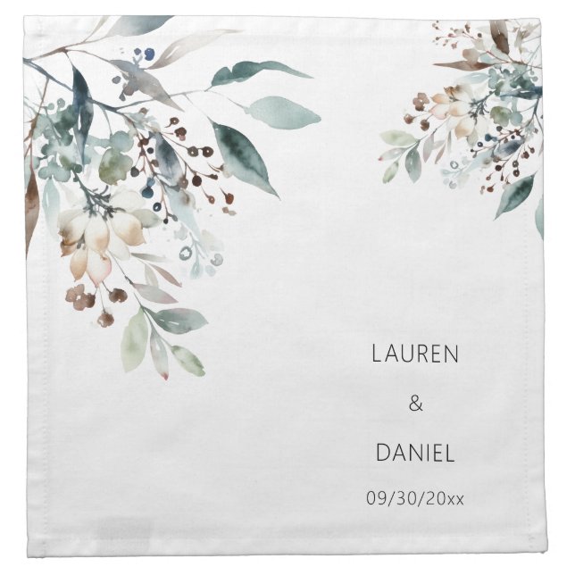 Minimalist Sage Leaves Names Wedding Thank You  Cloth Napkin (Front)