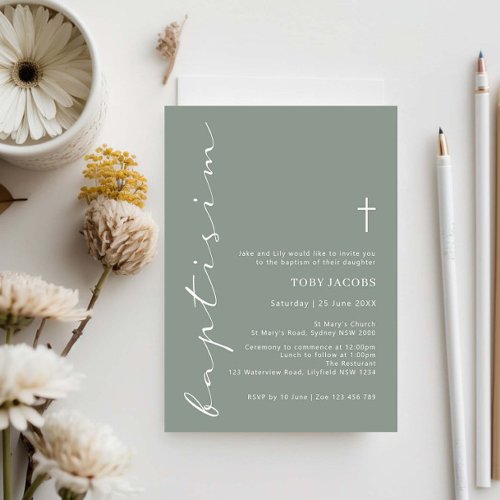 Minimalist Sage Script Baptism Typography Invitation