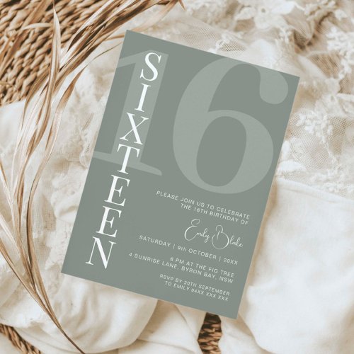 Minimalist Sage Sixteen 16th Birthday Party  Invitation