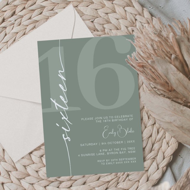 Minimalist Sage Sixteen 16th Birthday Party  Invitation (Creator Uploaded)