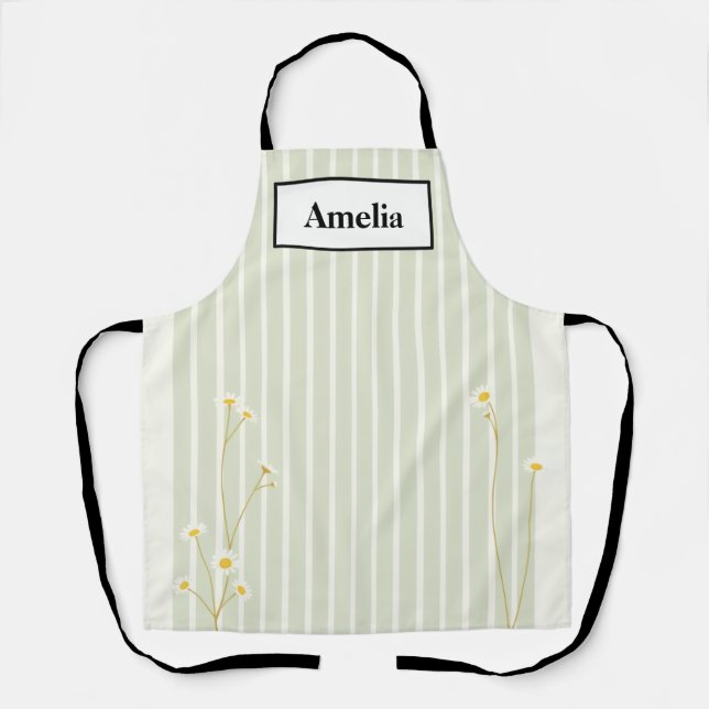 Minimalist Sage Stripe & Daisy Apron (Front)