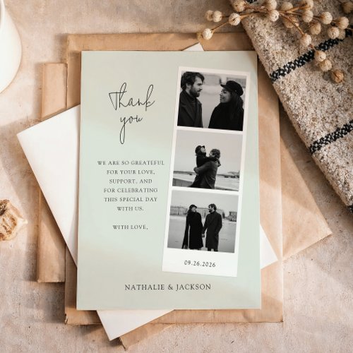 Minimalist Sage Three Photo Strip Couple Wedding Thank You Card
