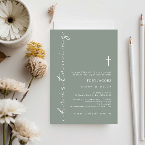 Minimalist Sage Typography Christening Invitation