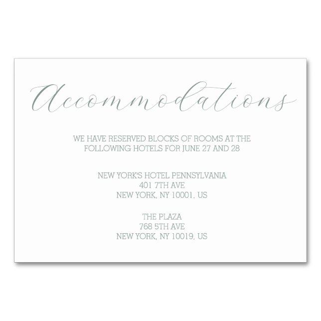 Minimalist Sage Wedding Accommodation Cards (Front)