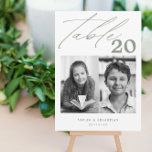 Minimalist Sage Wedding Table Number Two Pictures<br><div class="desc">A different way to show your wedding table numbers. Designed to match the "Vivian" Collection. This template includes 2 pictures that could be when you were kids or as a couple,  table number in. modern calligraphy typography,  couple's names and wedding date.</div>