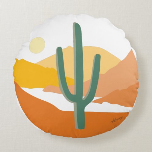 Minimalist Saguaro Cactus Desert Landscape Round Pillow