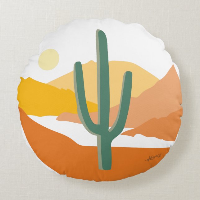 Minimalist Saguaro Cactus Desert Landscape Round Pillow (Front)