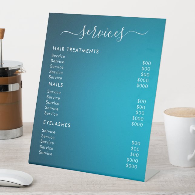 Minimalist Salon Services Price List Pedestal Sign (In SItu)