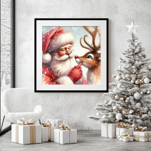Minimalist Santa Claus Rudolph Holiday Wall Art
