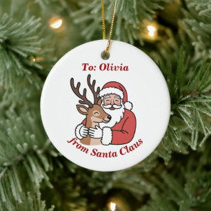 Minimalist Santa & Deer Line Art Christmas Ceramic Ornament