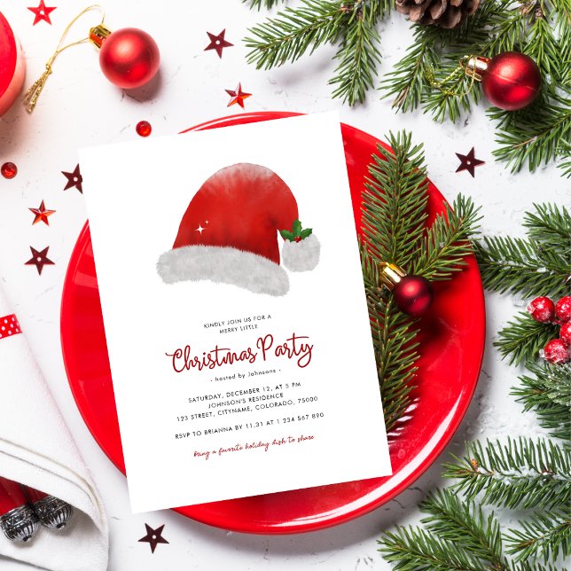 Minimalist Santa Hat Holly Berries Christmas Party Invitation (Creator Uploaded)