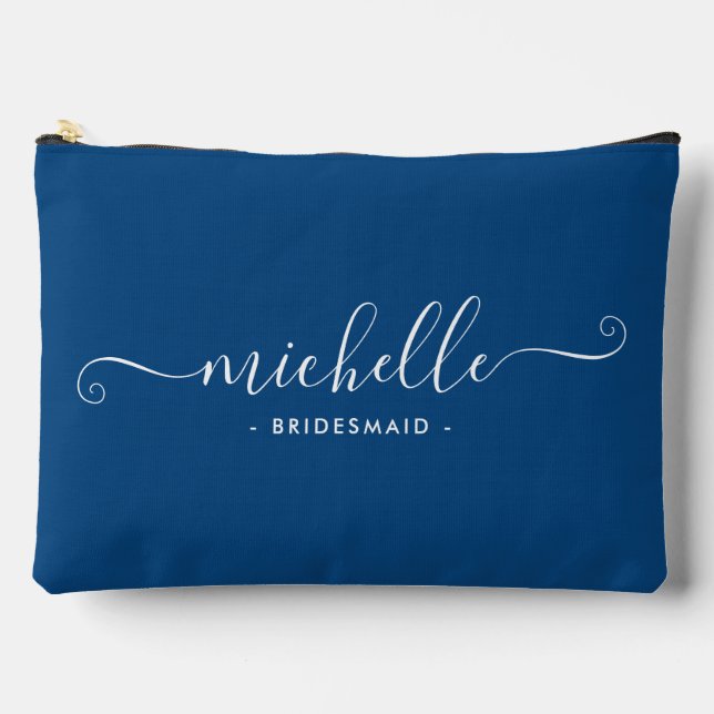 Minimalist Sapphire Blue Personalized Bridesmaid Accessory Pouch (Front)