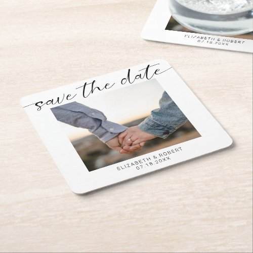Minimalist Save the Date Photo Modern Script  Square Paper Coaster